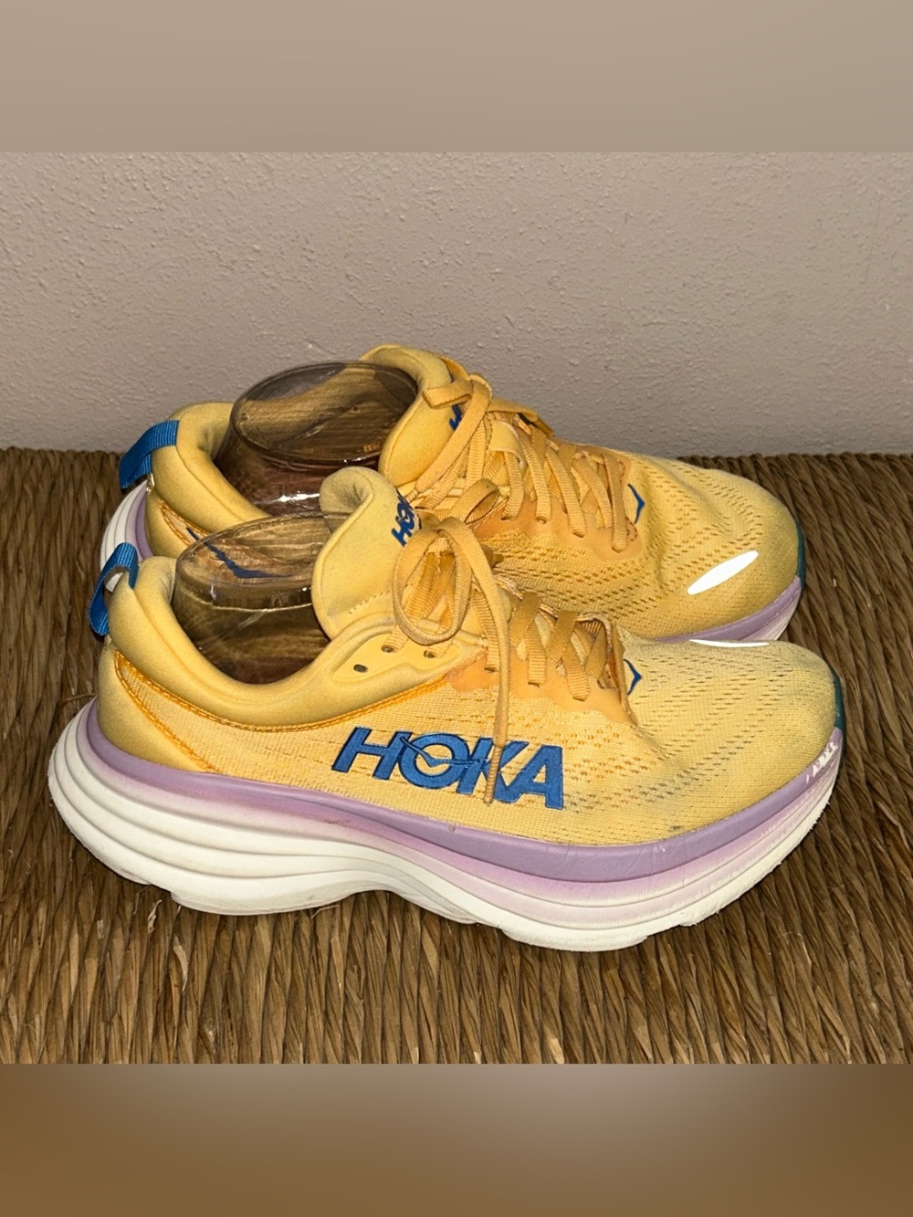 Hoka Women's Yellow Sneakers with Blue Logo and Lavender Accent